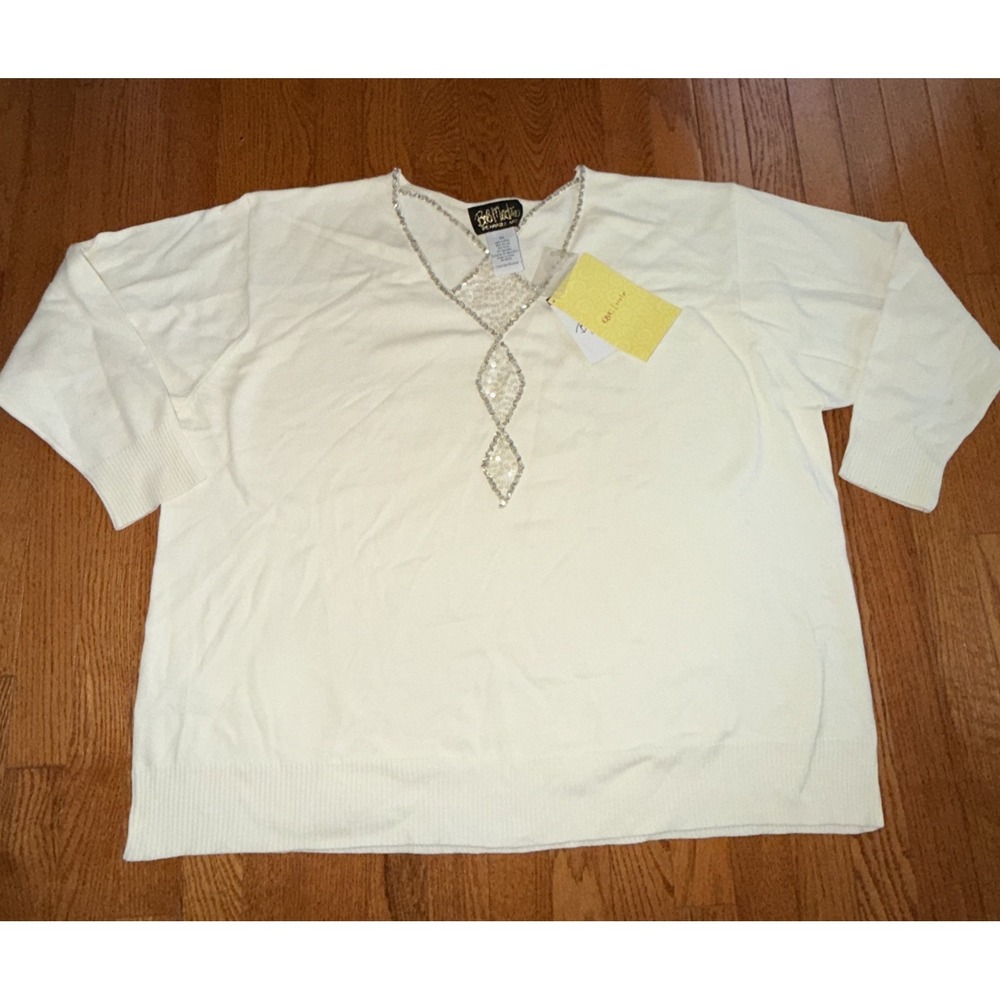 Bob Mackie Wearable Art Diamond‎ Cutout Off White Embellish Tunic 3X NWT Sweater